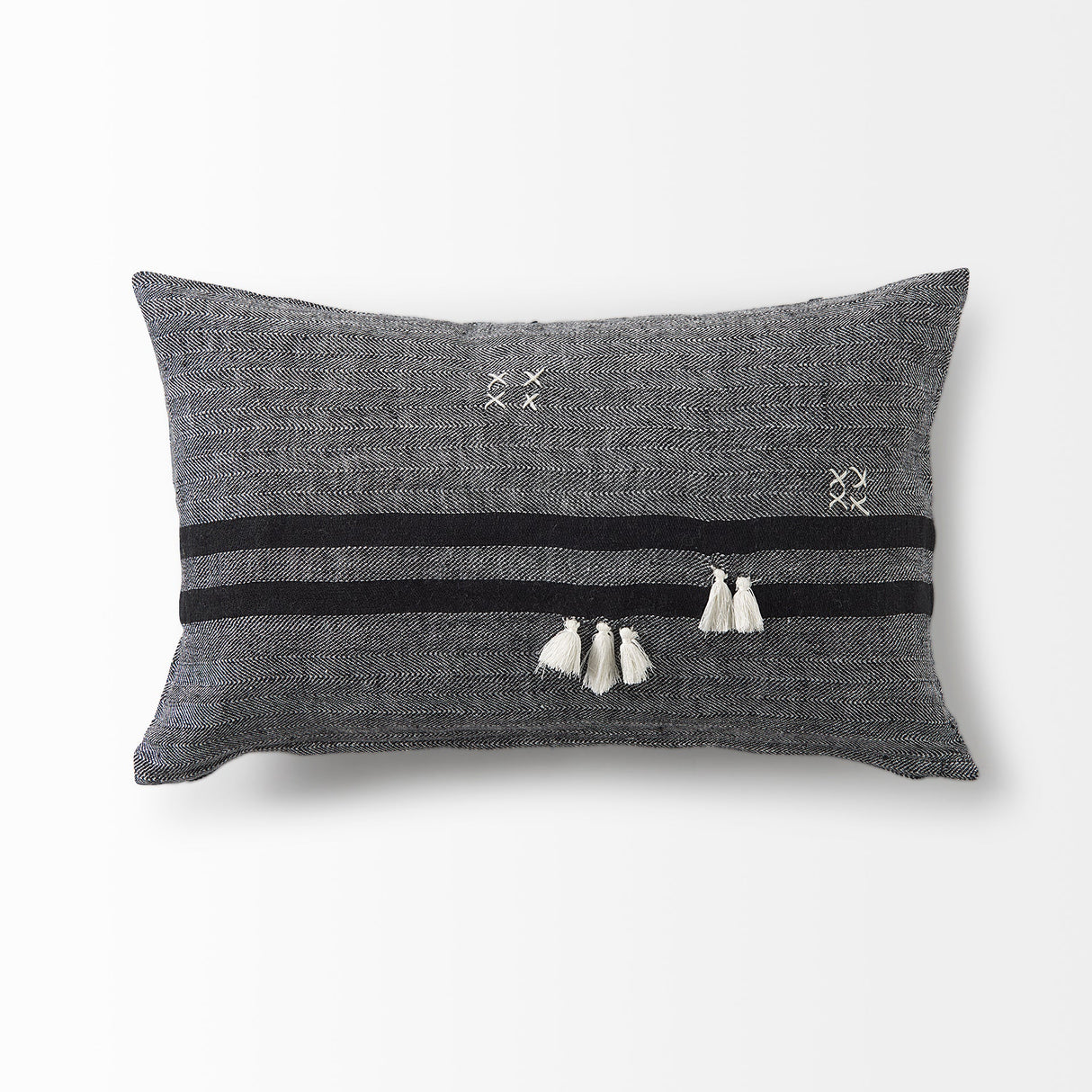 Sibyl Black Fabric Striped and White Fringed Pillow Cover w/Non-Allergen Filler, Set of 2 by Mercana at Eve Furniture