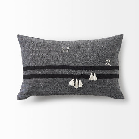 Sibyl Black Fabric Striped and White Fringed Pillow Cover w/Non-Allergen Filler, Set of 2 by Mercana at Eve Furniture