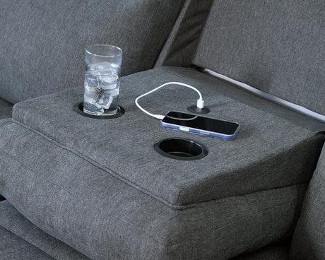 Side-Swipe Charcoal Manual Reclining Sofa with Drop Down Table by Ashley at Eve Furniture