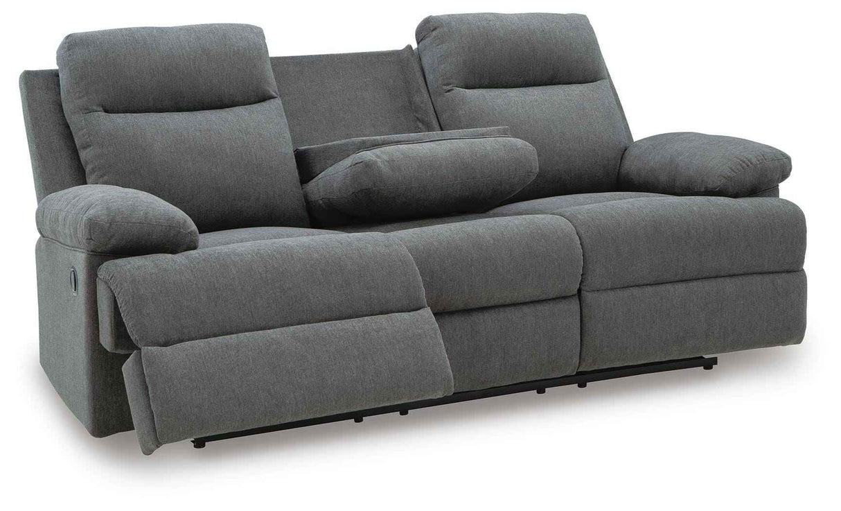 Side-Swipe Charcoal Reclining Sofa, Loveseat and Recliner by Ashley at Eve Furniture