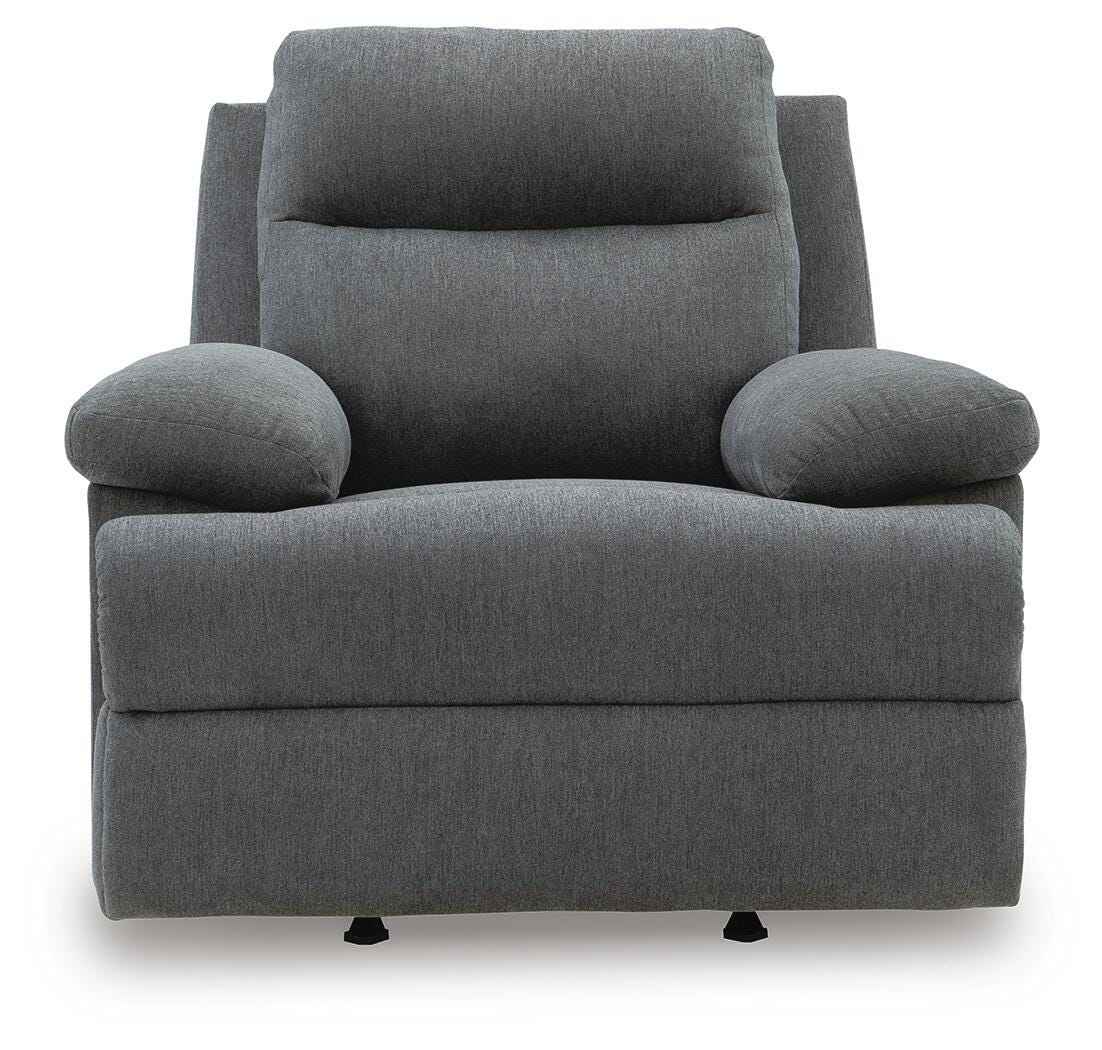 Side-Swipe Charcoal Reclining Sofa, Loveseat and Recliner by Ashley at Eve Furniture