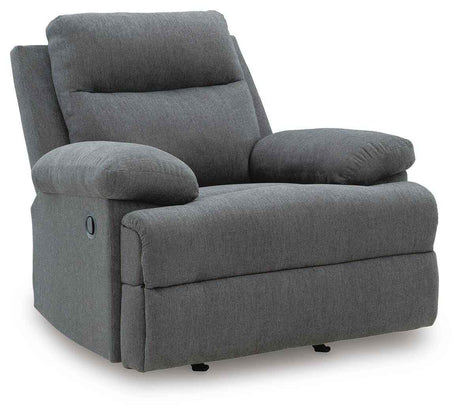 Side-Swipe Charcoal Reclining Sofa, Loveseat and Recliner by Ashley at Eve Furniture