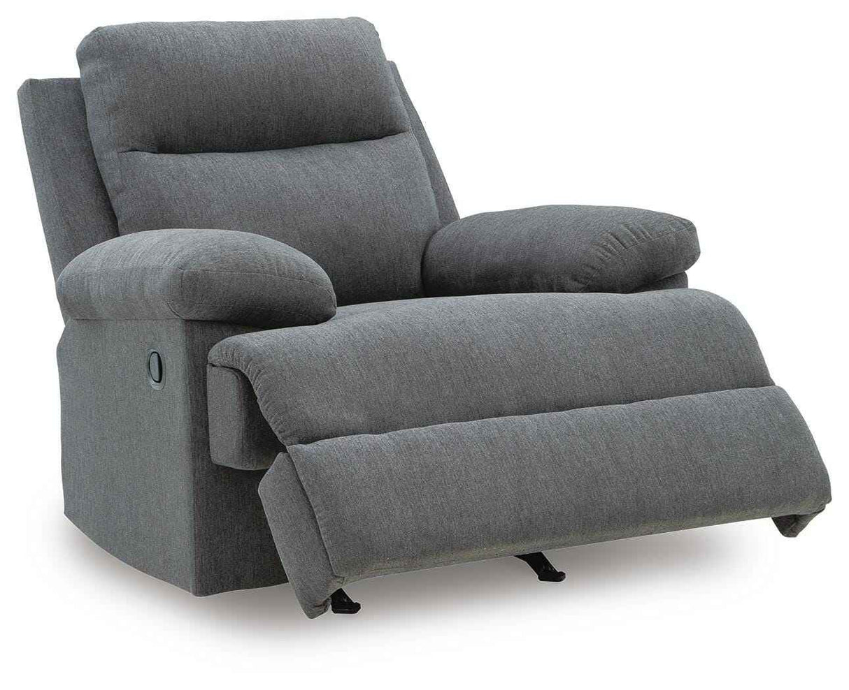 Side-Swipe Charcoal Reclining Sofa, Loveseat and Recliner by Ashley at Eve Furniture
