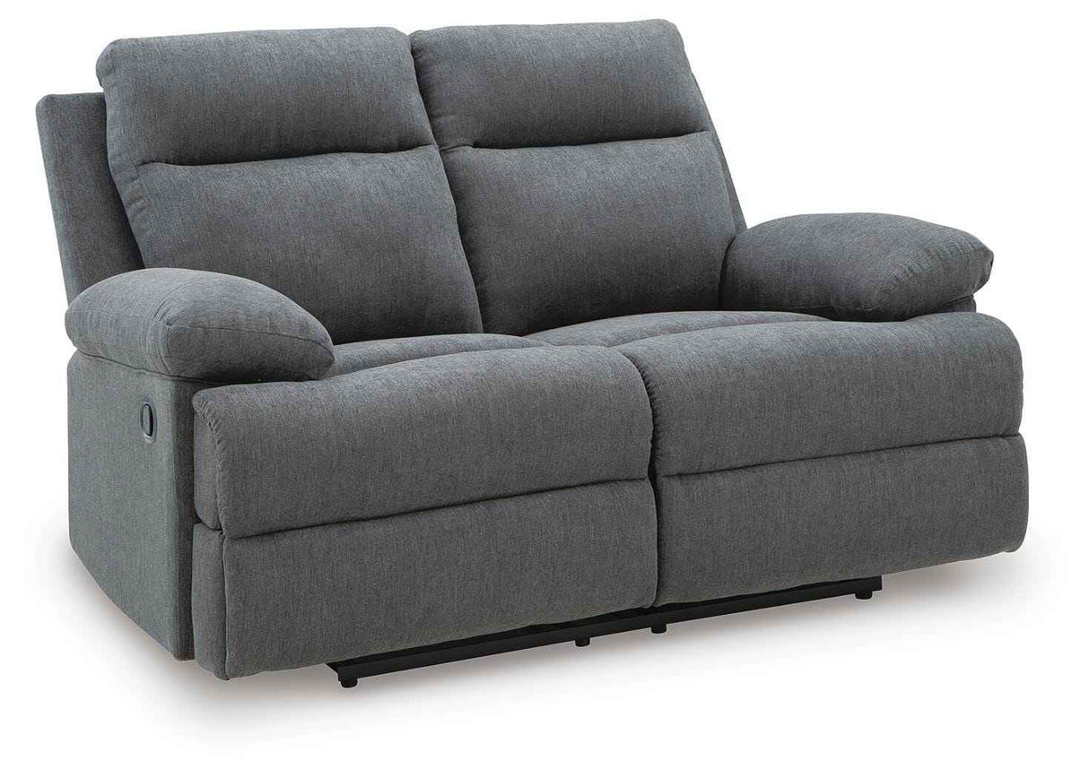 Side-Swipe Charcoal Reclining Sofa, Loveseat and Recliner by Ashley at Eve Furniture