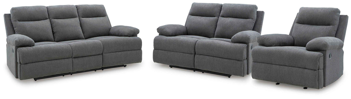 Side-Swipe Charcoal Reclining Sofa, Loveseat and Recliner by Ashley at Eve Furniture