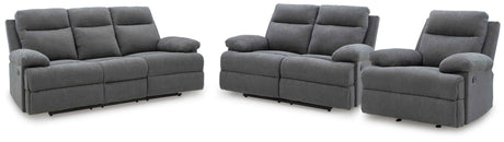 Side-Swipe Charcoal Reclining Sofa, Loveseat and Recliner by Ashley at Eve Furniture