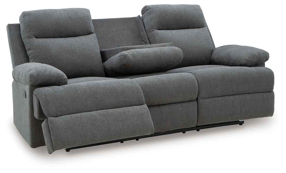 Side-Swipe Charcoal Manual Reclining Sofa with Drop Down Table by Ashley at Eve Furniture