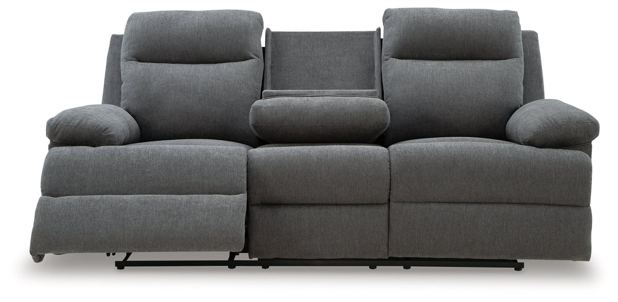 Side-Swipe Charcoal Manual Reclining Sofa with Drop Down Table by Ashley at Eve Furniture