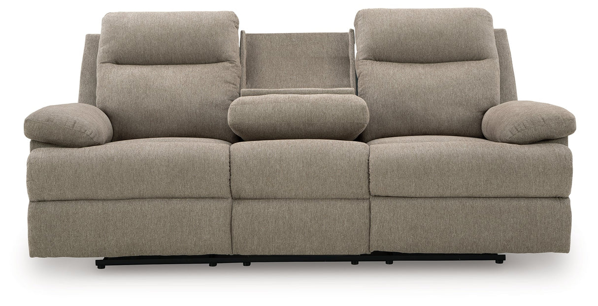 Side-Swipe Mocha Reclining Sofa with Drop Down Table by Ashley at Eve Furniture