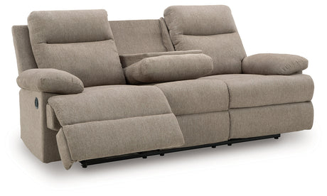 Side-Swipe Mocha Reclining Sofa with Drop Down Table by Ashley at Eve Furniture