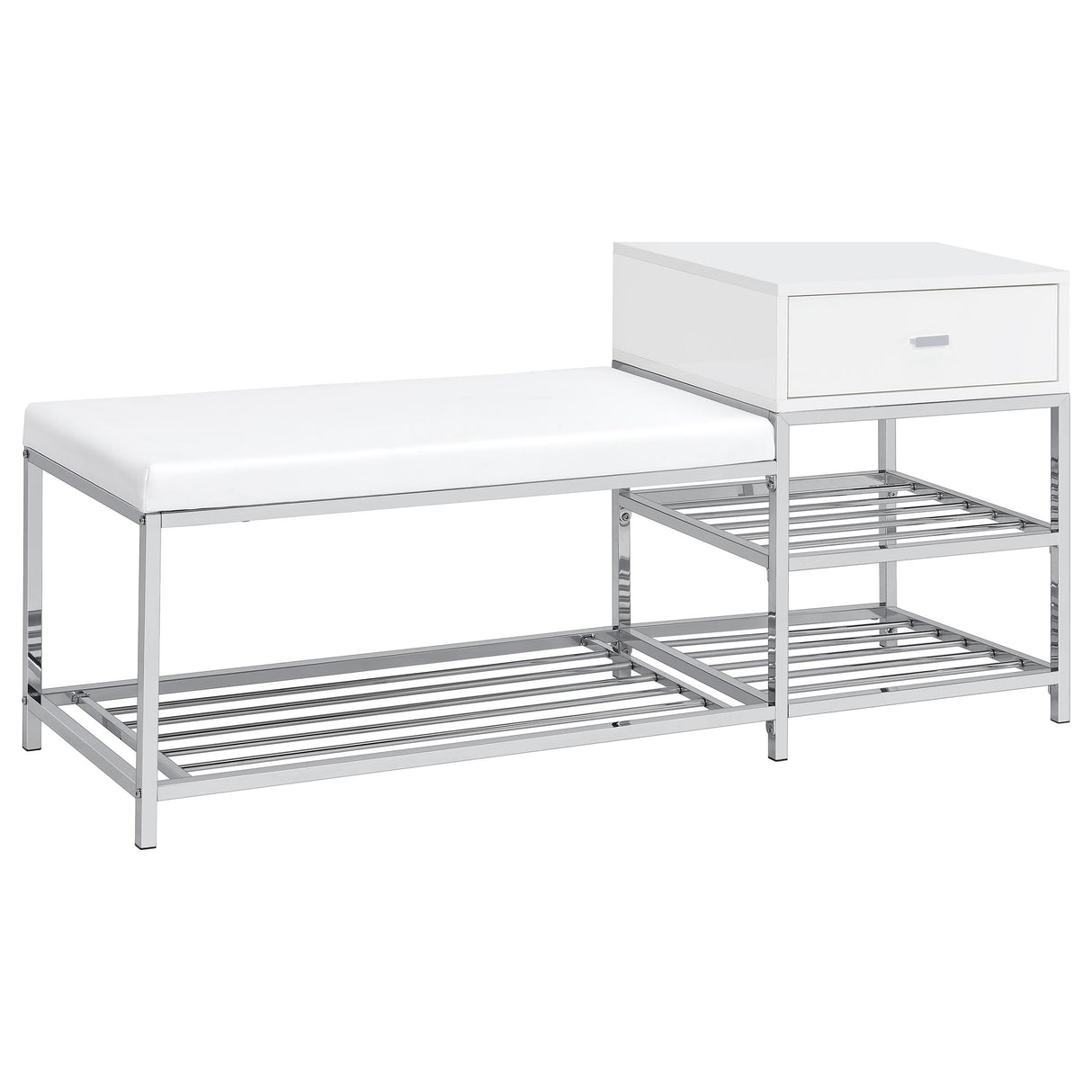 Siega White High Gloss/Chrome 1-Drawer Shoe Storage Entryway Bench by Coaster at Eve Furniture