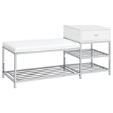Siega White High Gloss/Chrome 1-Drawer Shoe Storage Entryway Bench by Coaster at Eve Furniture