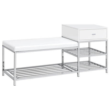 Siega White High Gloss/Chrome 1-Drawer Shoe Storage Entryway Bench by Coaster at Eve Furniture