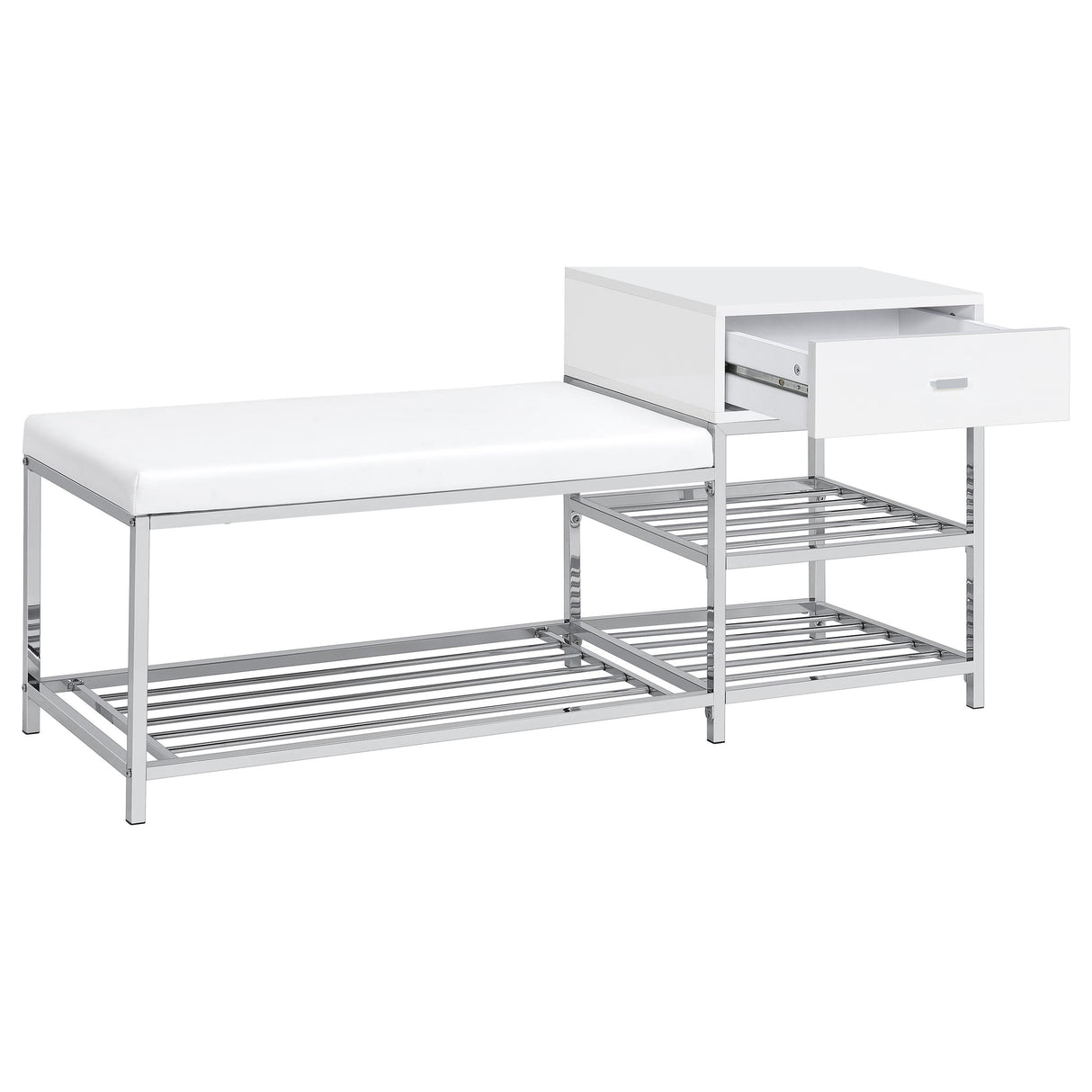 Siega White High Gloss/Chrome 1-Drawer Shoe Storage Entryway Bench by Coaster at Eve Furniture
