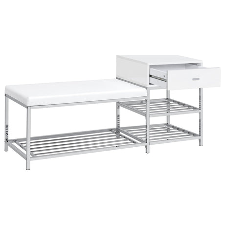 Siega White High Gloss/Chrome 1-Drawer Shoe Storage Entryway Bench by Coaster at Eve Furniture