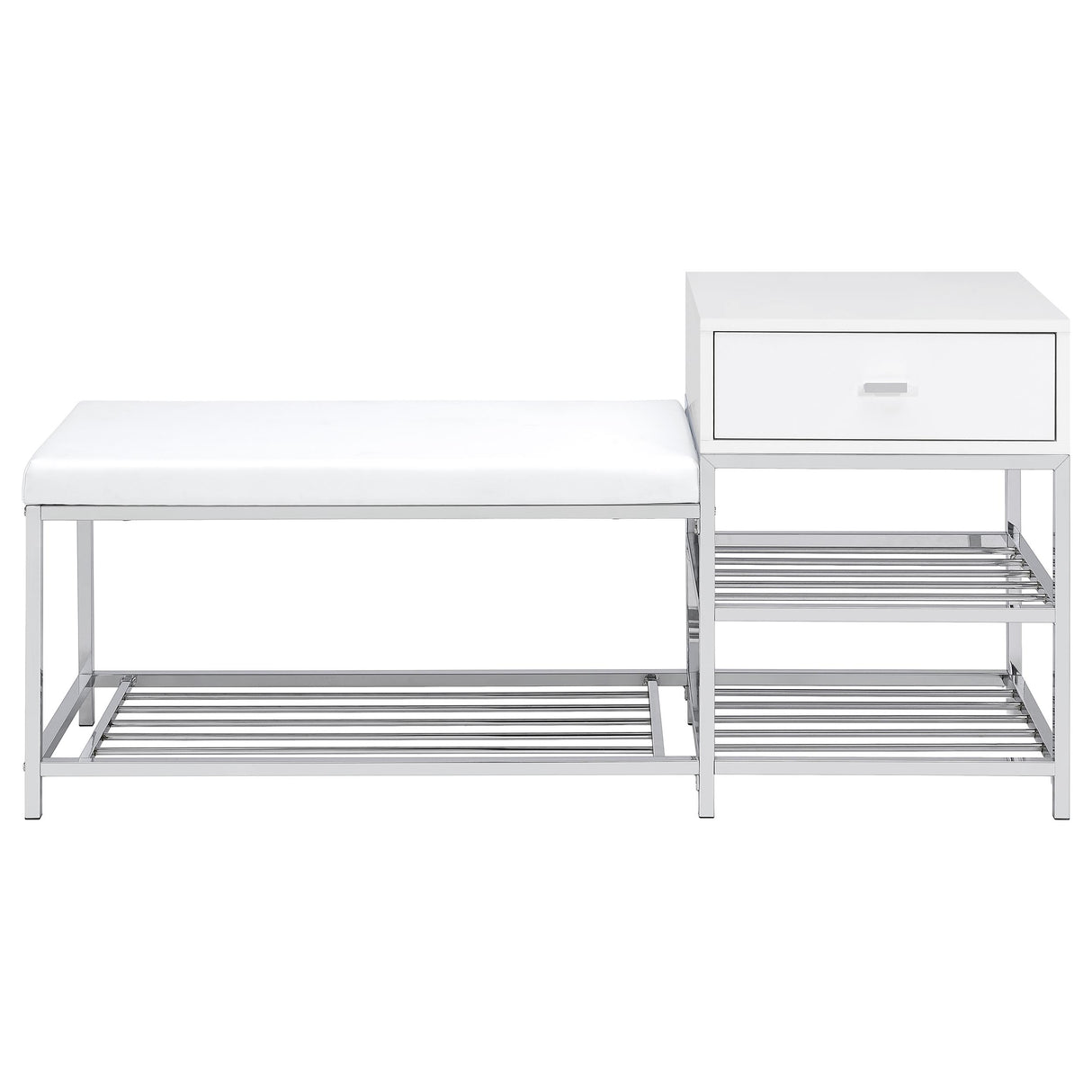 Siega White High Gloss/Chrome 1-Drawer Shoe Storage Entryway Bench by Coaster at Eve Furniture