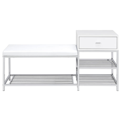 Siega White High Gloss/Chrome 1-Drawer Shoe Storage Entryway Bench by Coaster at Eve Furniture