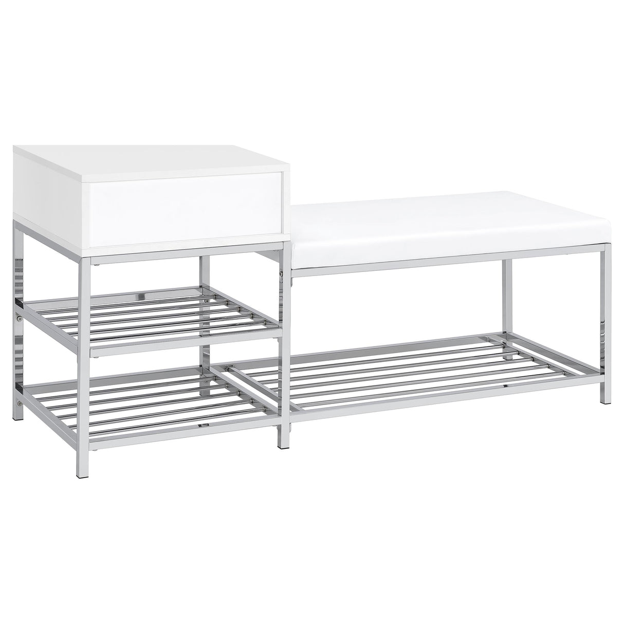 Siega White High Gloss/Chrome 1-Drawer Shoe Storage Entryway Bench by Coaster at Eve Furniture
