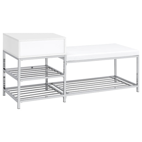Siega White High Gloss/Chrome 1-Drawer Shoe Storage Entryway Bench by Coaster at Eve Furniture