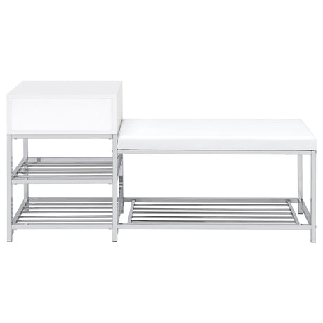 Siega White High Gloss/Chrome 1-Drawer Shoe Storage Entryway Bench by Coaster at Eve Furniture