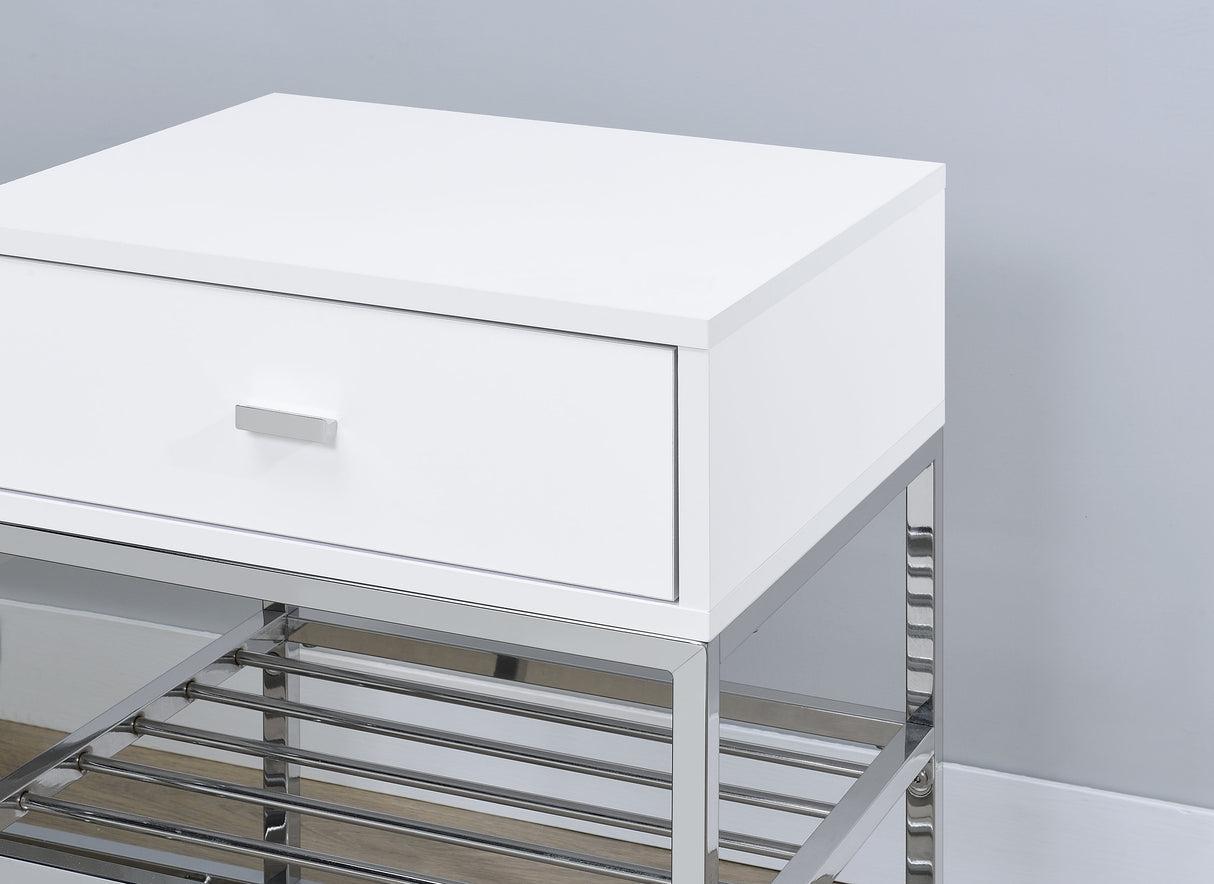 Siega White High Gloss/Chrome 1-Drawer Shoe Storage Entryway Bench by Coaster at Eve Furniture