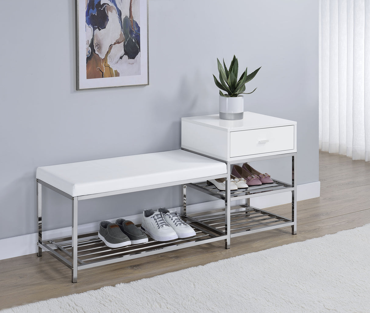 Siega White High Gloss/Chrome 1-Drawer Shoe Storage Entryway Bench by Coaster at Eve Furniture