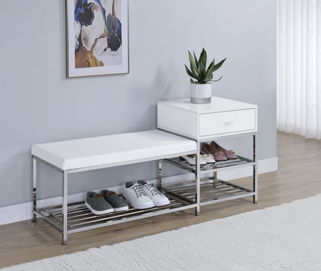 Siega White High Gloss/Chrome 1-Drawer Shoe Storage Entryway Bench by Coaster at Eve Furniture