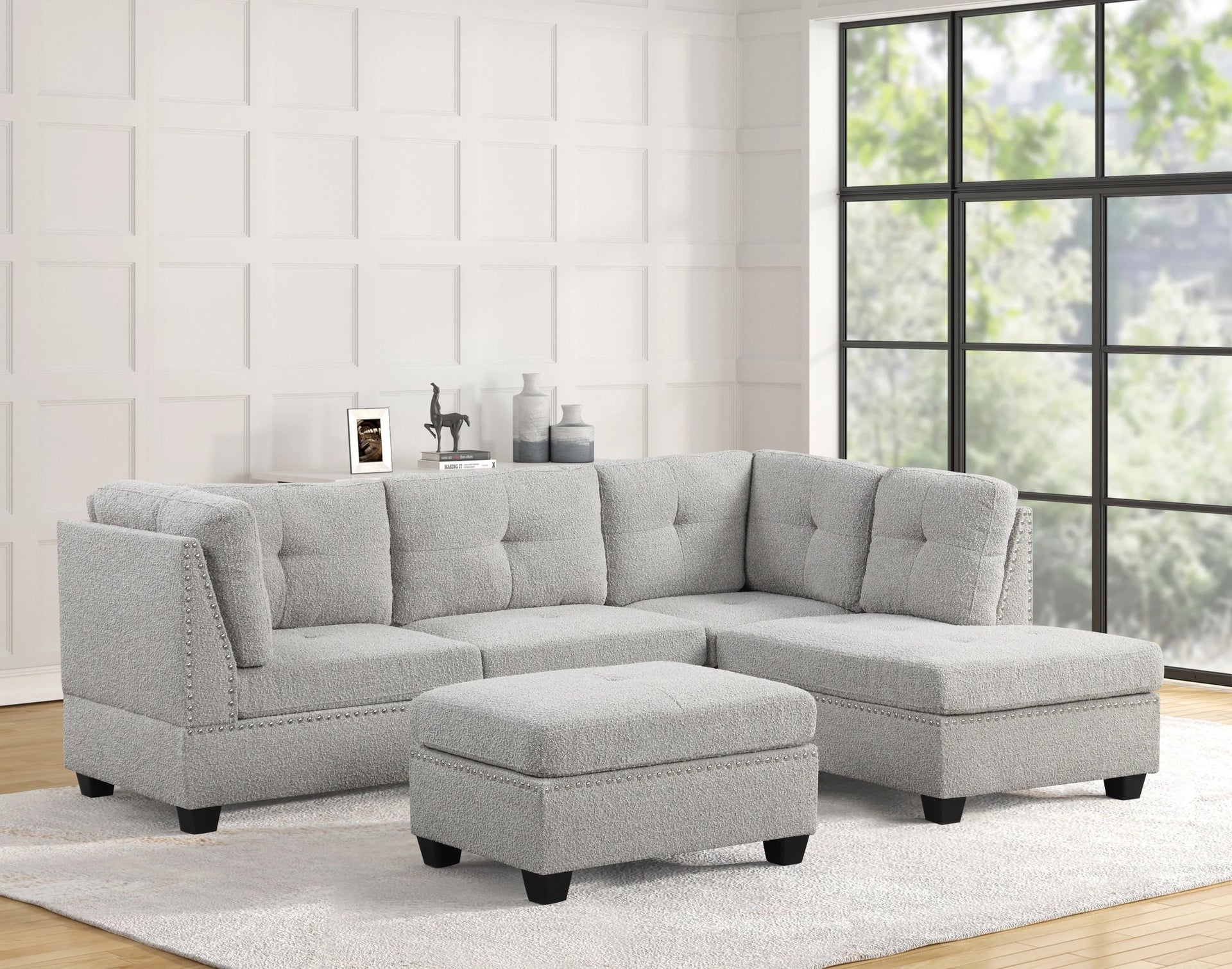Sienna Boucle Gray Sectional with Ottoman - Eve Furniture