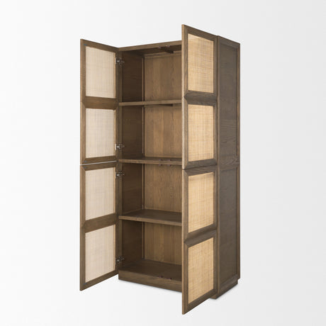 Sina Brown Oak Wood w/ Natural Rattan 2 Door Curio Cabinet by Mercana at Eve Furniture