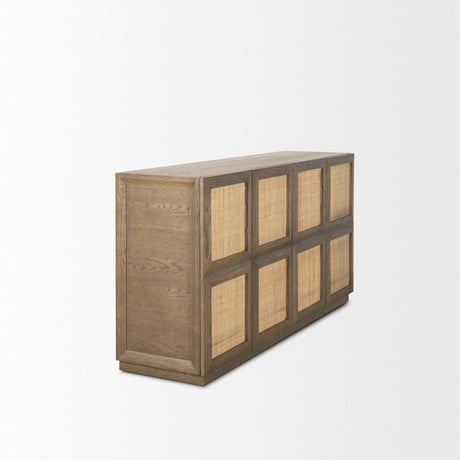 Sina Brown Oak Wood w/ Natural Rattan 4 Door Sideboard by Mercana at Eve Furniture