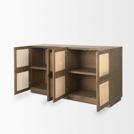 Sina Brown Oak Wood w/ Natural Rattan 4 Door Sideboard by Mercana at Eve Furniture