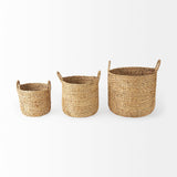 Sivan (Set of 3) Light Brown Water Hyacinth Round Basket W/ Handles by Mercana at Eve Furniture