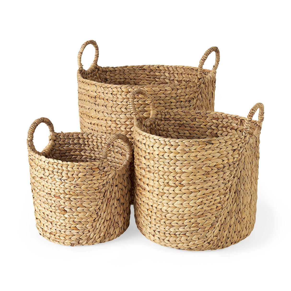 Sivan (Set of 3) Light Brown Water Hyacinth Round Basket W/ Handles by Mercana at Eve Furniture