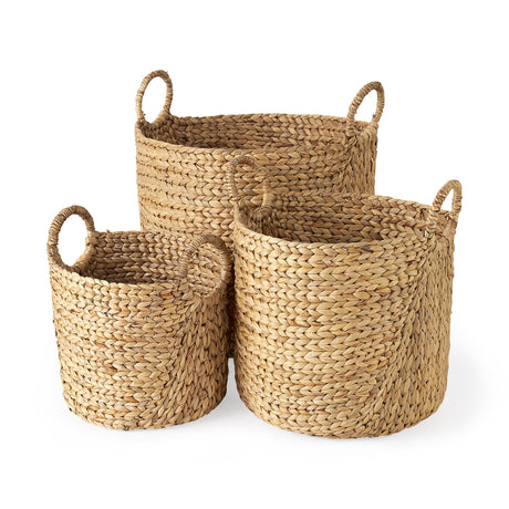 Sivan (Set of 3) Light Brown Water Hyacinth Round Basket W/ Handles by Mercana at Eve Furniture