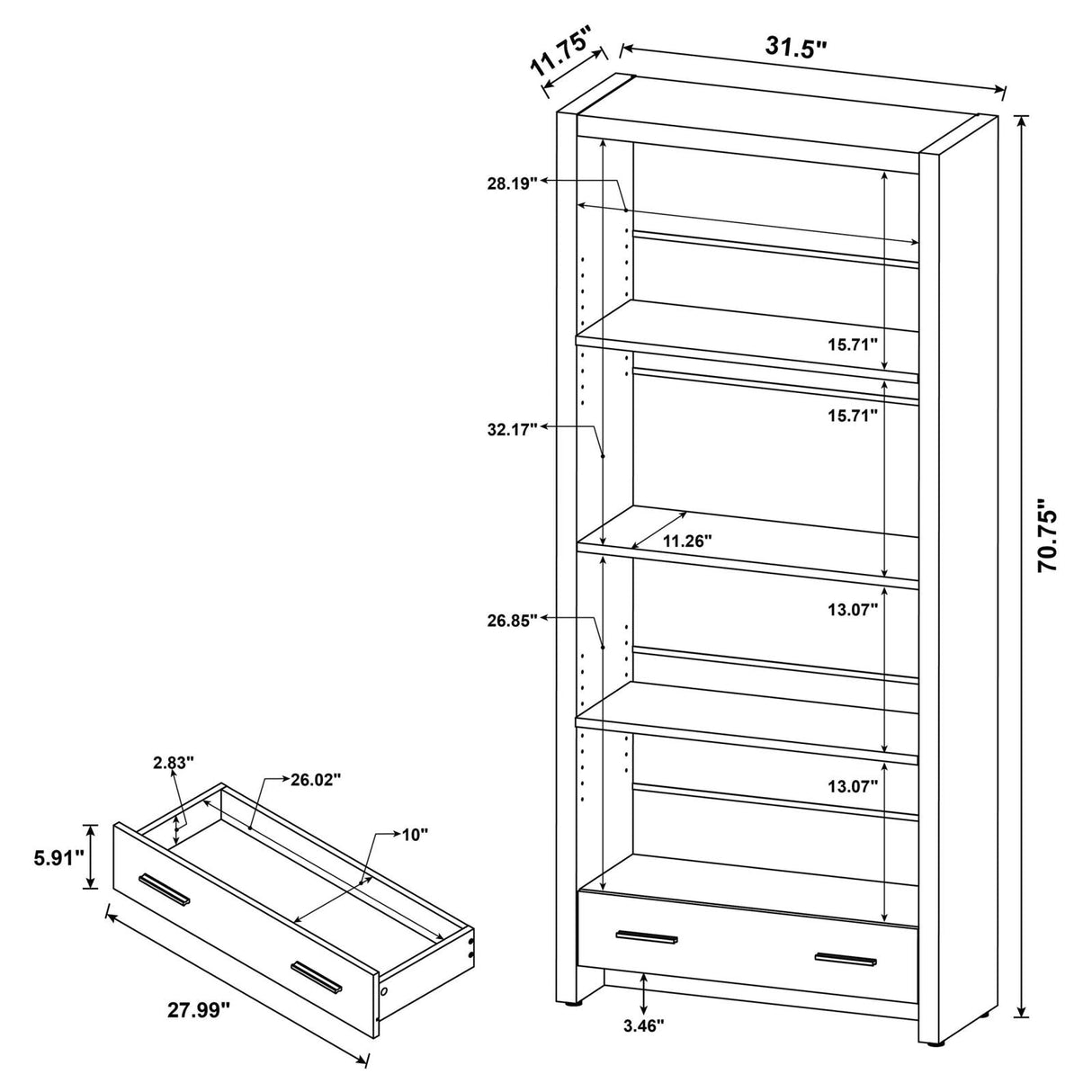 Skylar Cappuccino 5-Shelf Bookcase with Storage Drawer