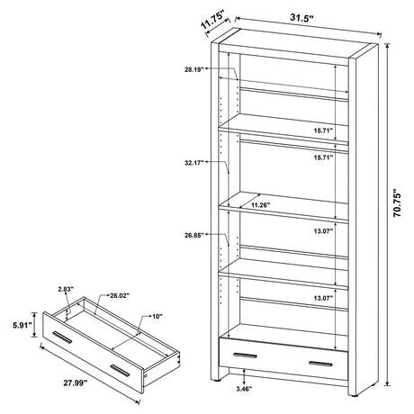Skylar Cappuccino 5-Shelf Bookcase with Storage Drawer by Coaster at Eve Furniture