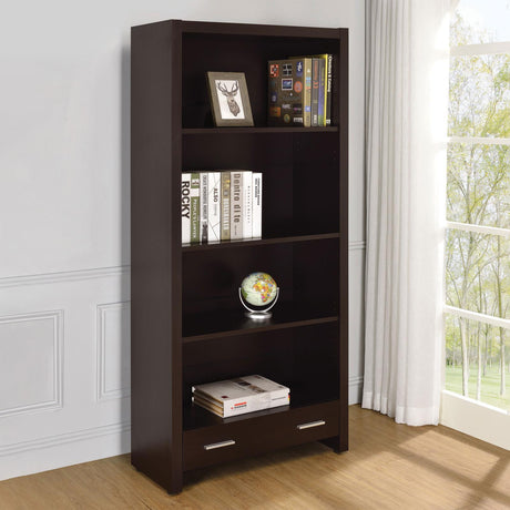 Skylar Cappuccino 5-Shelf Bookcase with Storage Drawer by Coaster at Eve Furniture