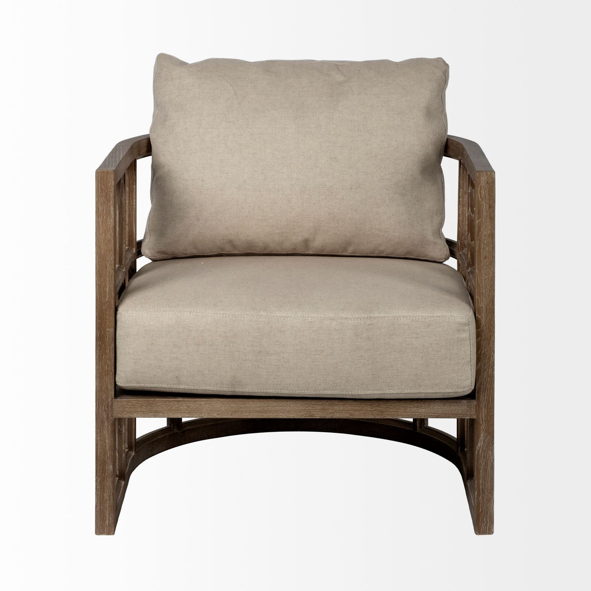 Skylar II Tan Fabric Covered Cushioned Demi-Lune Wooden Frame Accent Chair by Mercana at Eve Furniture