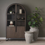 Sloan 42W x 80H Dark Brown Wood W/Black Metal Arched Curio Cabinet by Mercana at Eve Furniture