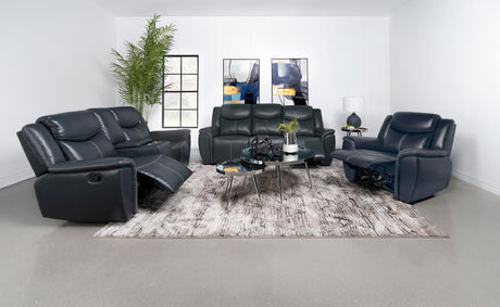 Sloane Blue Upholstered Motion Reclining Living Room Set by Coaster at Eve Furniture