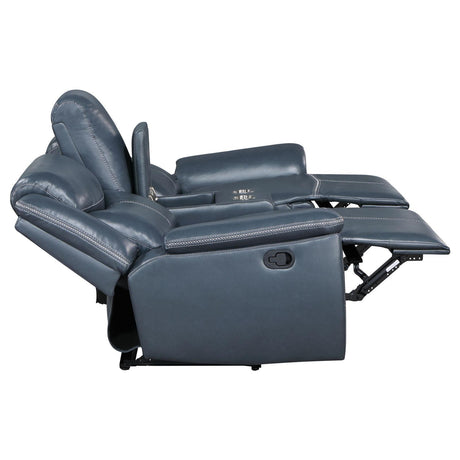 Sloane Blue Upholstered Motion Reclining Loveseat with Console by Coaster at Eve Furniture