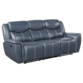 Sloane Blue Upholstered Motion Reclining Sofa with Drop Down Table by Coaster at Eve Furniture