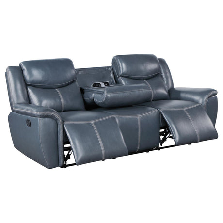 Sloane Blue Upholstered Motion Reclining Sofa with Drop Down Table by Coaster at Eve Furniture