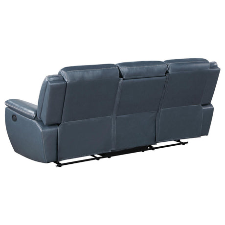 Sloane Blue Upholstered Motion Reclining Sofa with Drop Down Table by Coaster at Eve Furniture