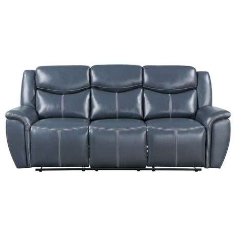Sloane Blue Upholstered Motion Reclining Sofa with Drop Down Table by Coaster at Eve Furniture