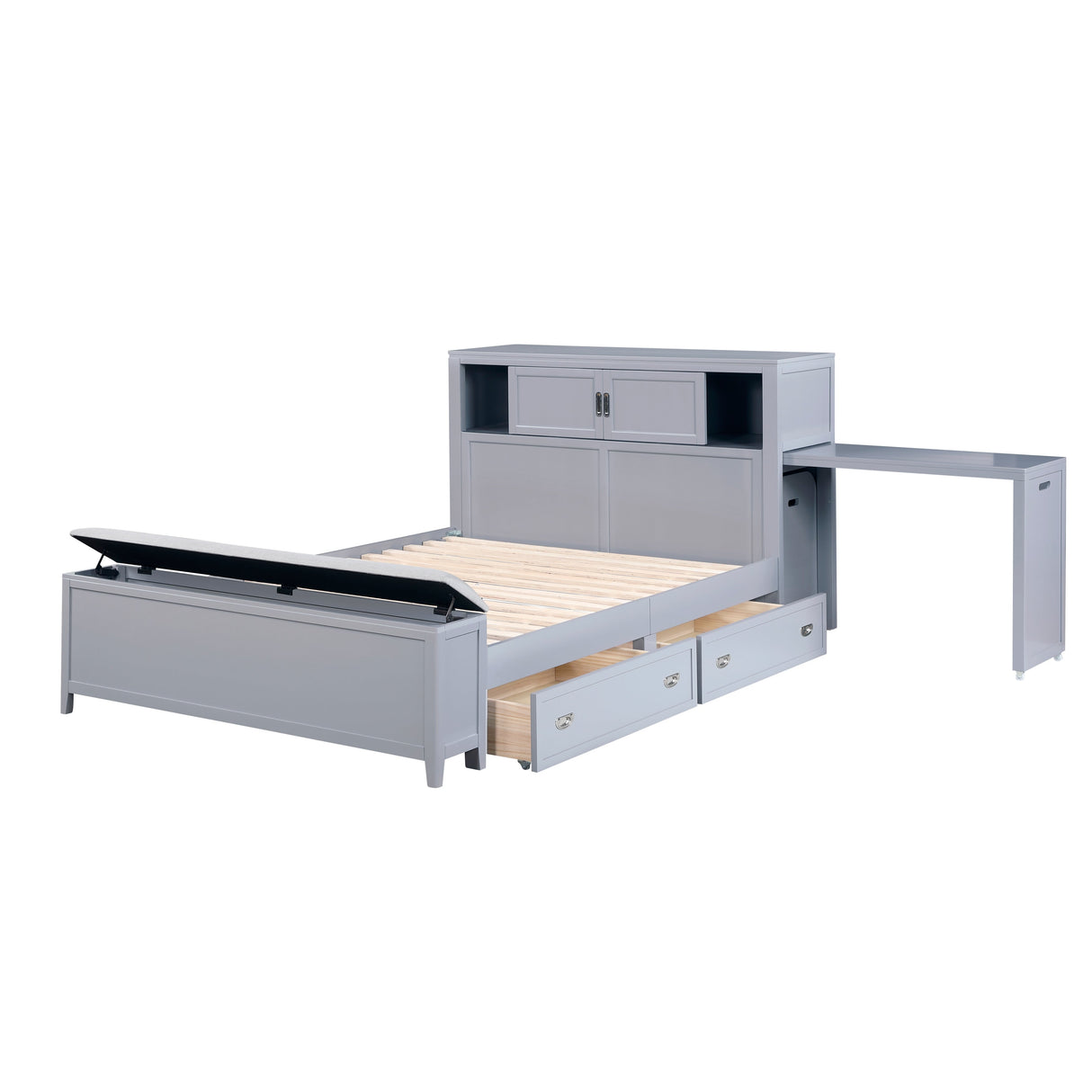 Sloane Gray Full Bookcase Bed with Hidden Desk, Stool and Storage Bench by Homelegance at Eve Furniture