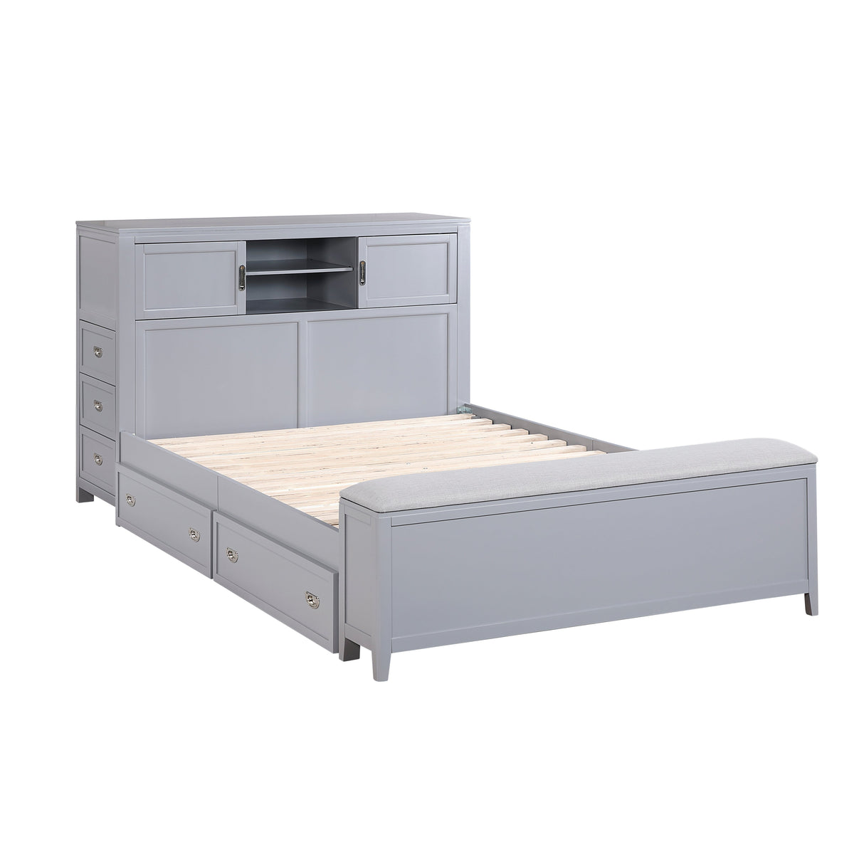 Sloane Gray Full Bookcase Bed with Hidden Desk, Stool and Storage Bench by Homelegance at Eve Furniture