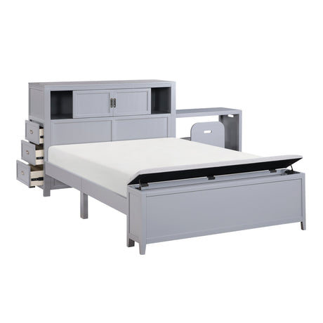Sloane Gray Full Bookcase Bed with Hidden Desk, Stool and Storage Bench by Homelegance at Eve Furniture