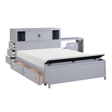 Sloane Gray Full Bookcase Bed with Hidden Desk, Stool and Storage Bench by Homelegance at Eve Furniture