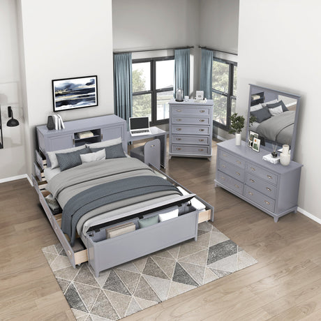 Sloane Gray Full Bookcase Bed with Hidden Desk, Stool and Storage Bench by Homelegance at Eve Furniture